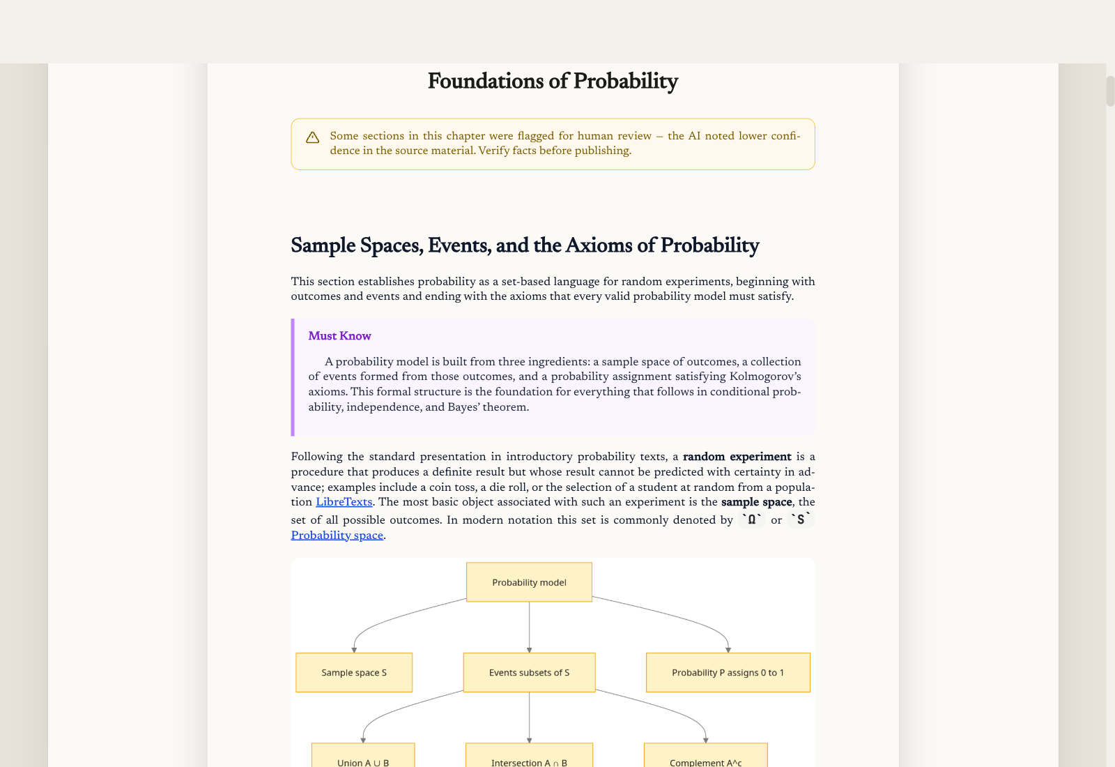 A generated chapter page from the probability book, shown in paginated book reading mode