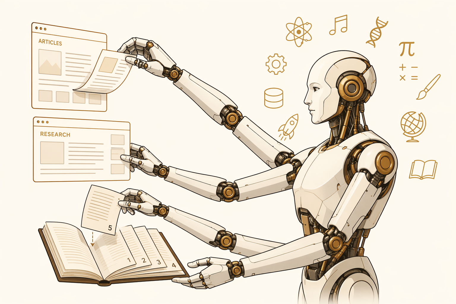 A modern AI robot illustration, with pages and books flowing from its mouth and its hands resting on floating browser panels representing web research